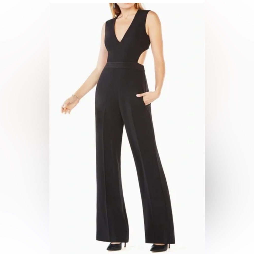 BCBGMaxAzria Black Jumpsuit Cutout Midriff Plunging V Neck Wide Leg Zip Back S